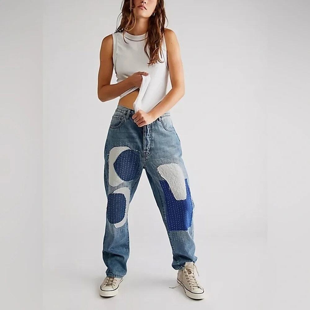 Sandrine Rose X Free People Patch Jeans Medium Button Fly Boho Artsy Y2K 28